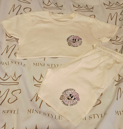 Cream shorts set with printed design