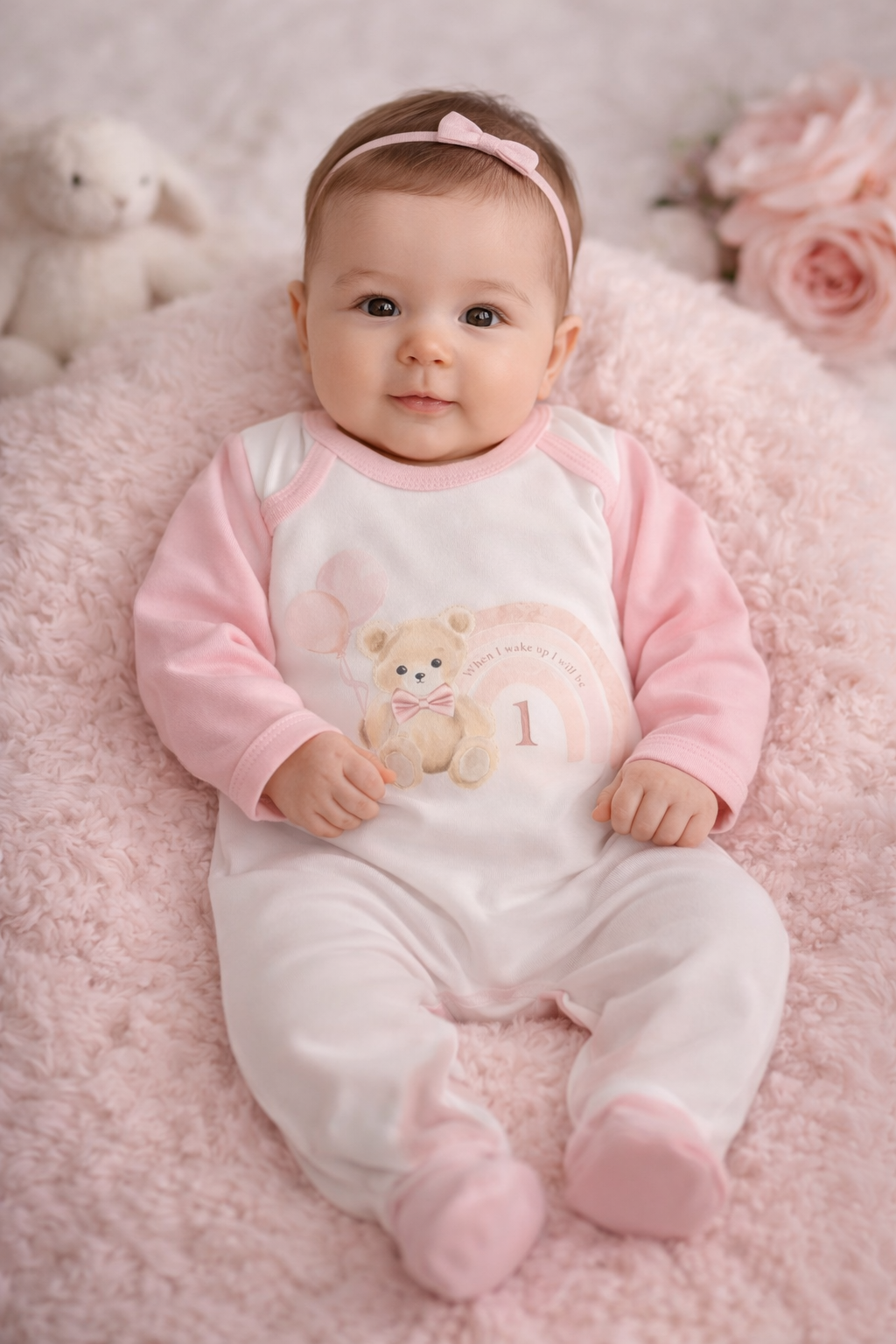 Pink 1st birthday sleepsuit