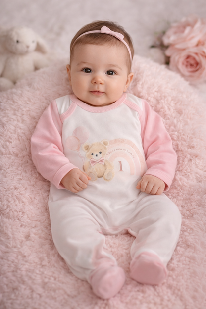 Pink 1st birthday sleepsuit